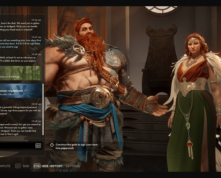 A chat history superimposed over Thor and Freya in a discussion.