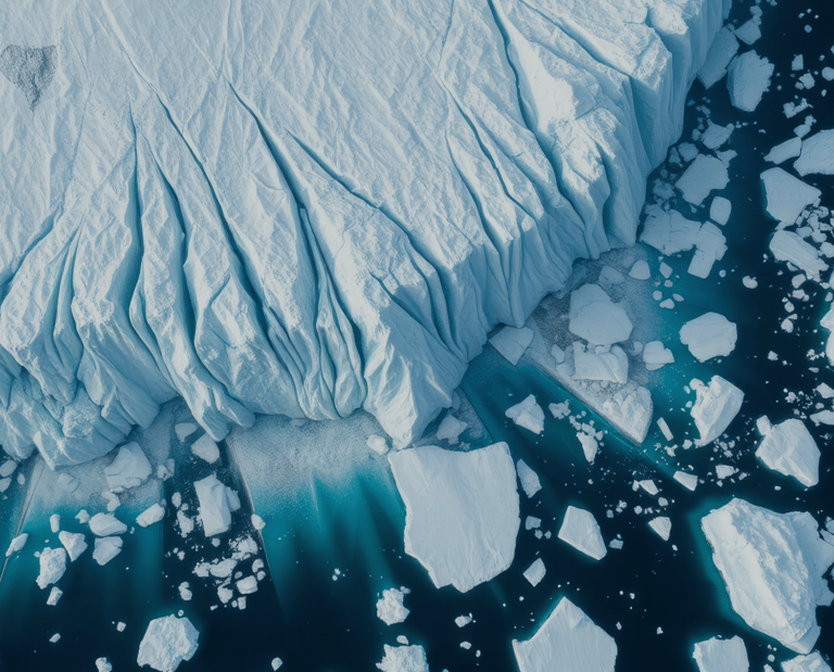 a large amount of icebergs and icebergs on the water