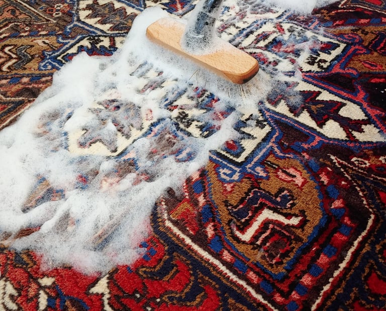 lavaggio tappeto a mano con spazzola e shampoo naturale