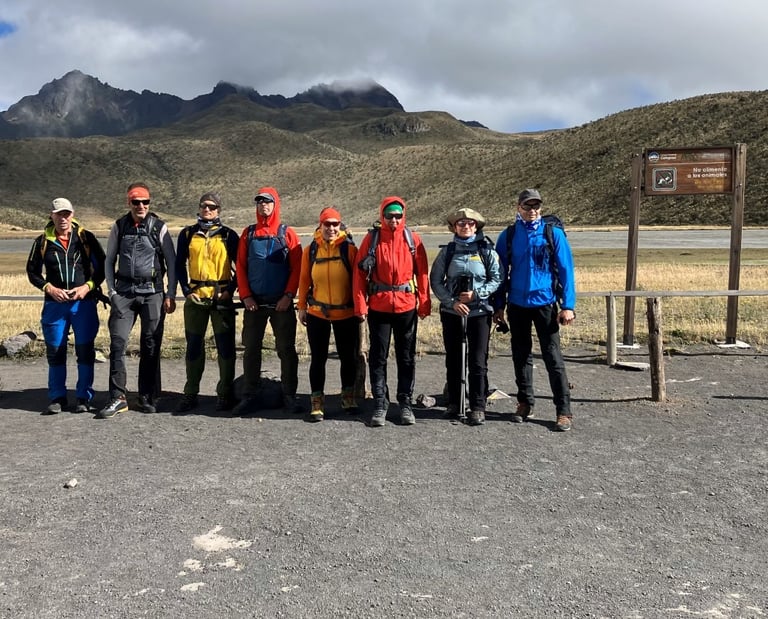group ready to hike Rumiñahui, starting from Limpiopungo Lagoon