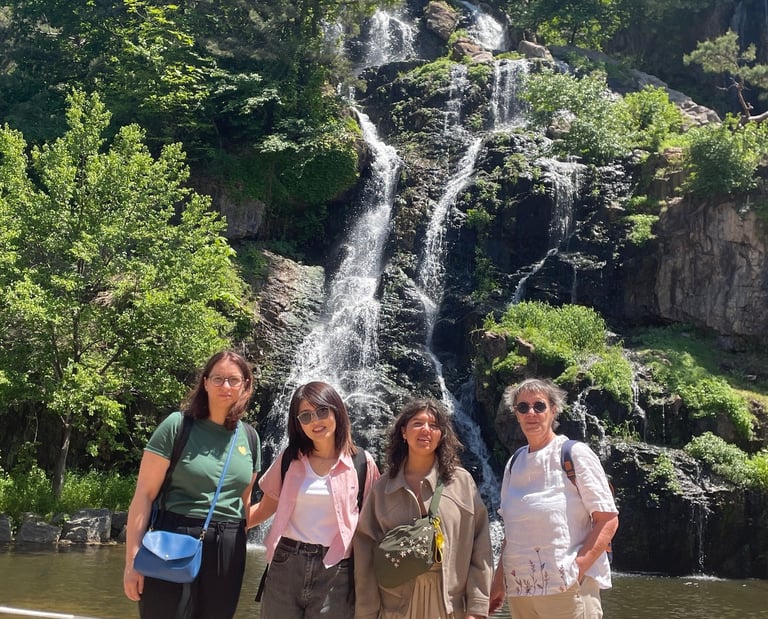 Mes stagiares et moi devant une cascade à Séoul