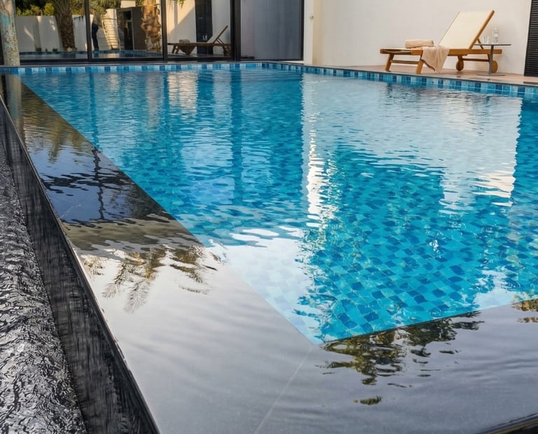 Luxury infinity pool with blue mosaic tiles and black granite overflow edge at a modern villa.
