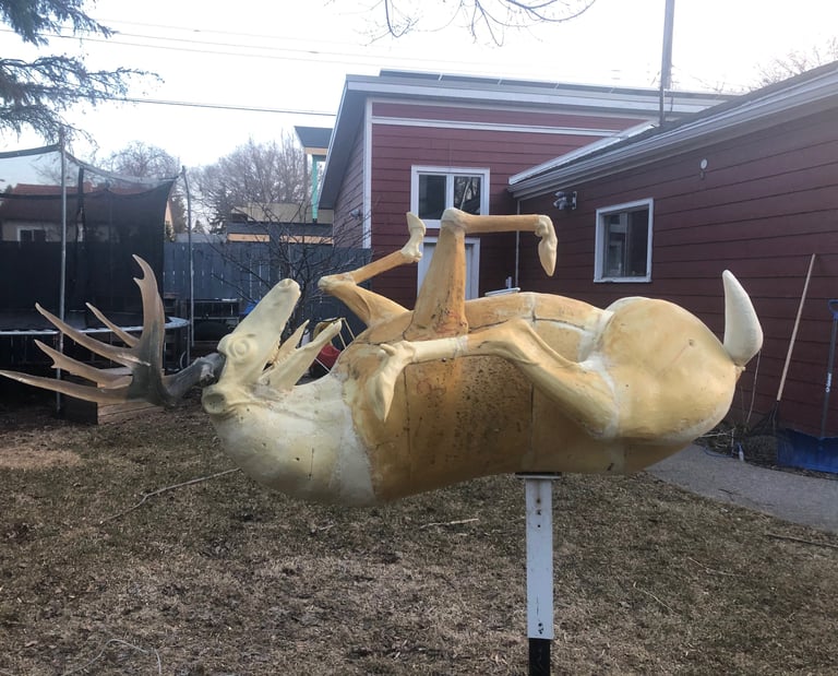 original sculpture life-sized deer title: highjinx, public art, original artwork