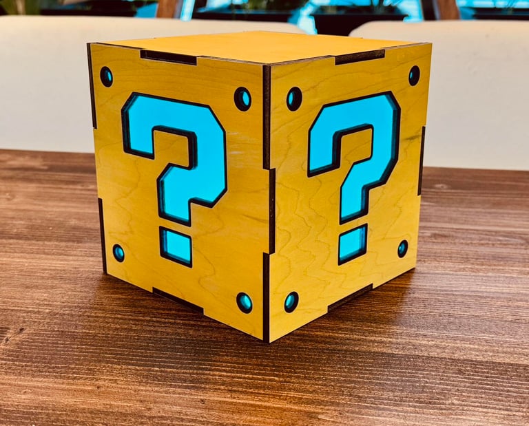a wooden block with question mark on it