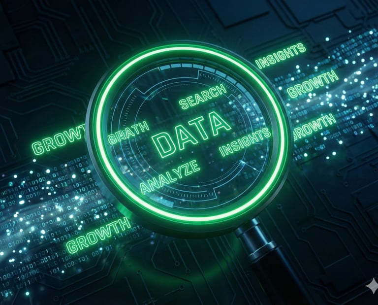 Lupa digital analisando palavras-chave neon para estratégia avançada de SEO Local e posicionamento.