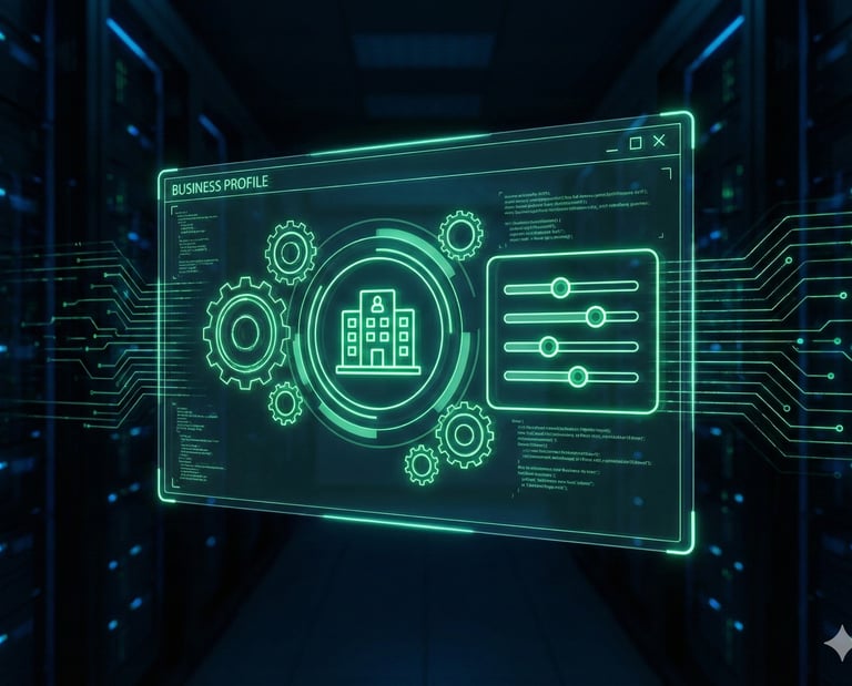 Interface holográfica de configuração técnica e ajustes de Otimização de Perfil GBP com engrenagens neon.