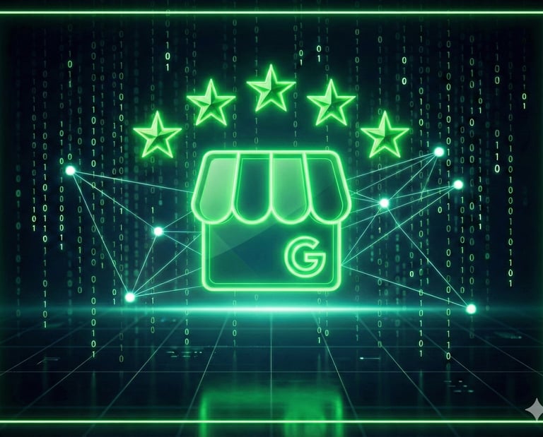 Logo GBP neon verde protegendo 5 estrelas, simbolizando o serviço de Gestão de Avaliações e Reputação no Google.