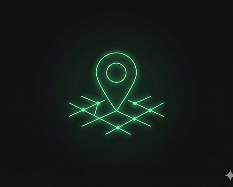 Ícone minimalista de pino de mapa neon simbolizando a otimização de SEO local para empresas do DF e entorno.