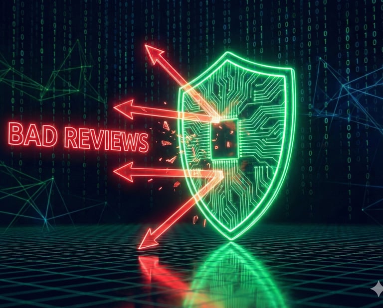 Escudo digital bloqueando avaliações negativas falsas, parte do serviço de Gestão de Avaliações e Reputação.