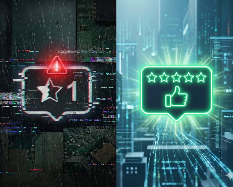 Comparativo de impacto: prejuízo de avaliações negativas versus lucro com Gestão de Avaliações e Reputação profissional.