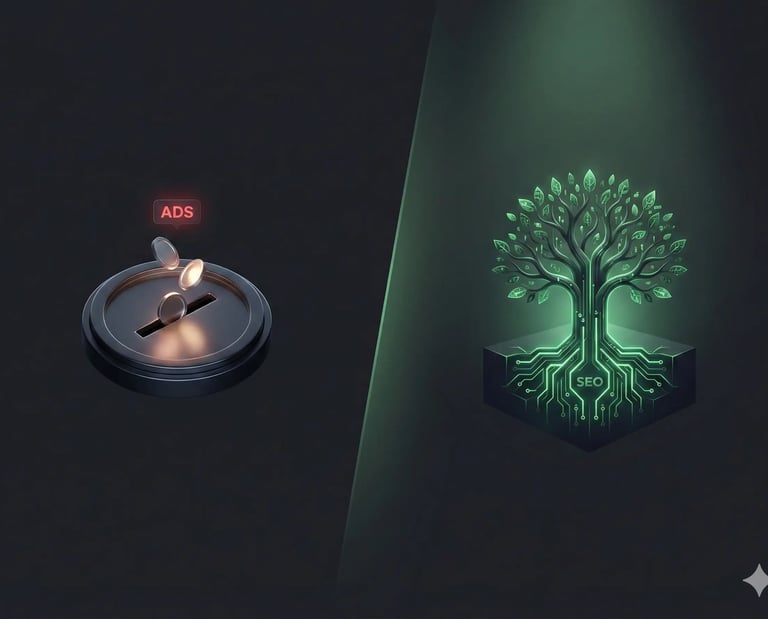 Comparativo entre site dependente de anúncios e site orgânico otimizado.