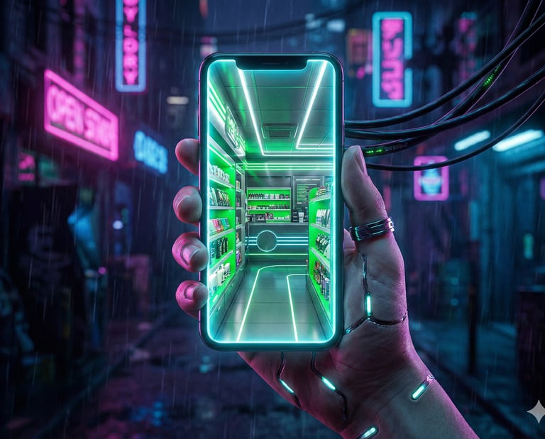 Cliente usando celular para visualizar o Tour Virtual 360 no Google de uma loja.