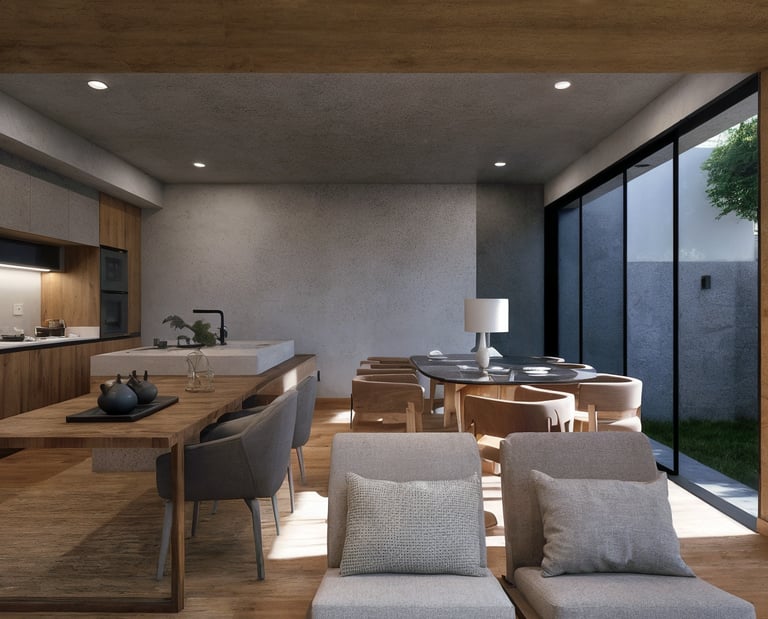 Modern open concept living space featuring a wood kitchen island and contemporary dining table.
