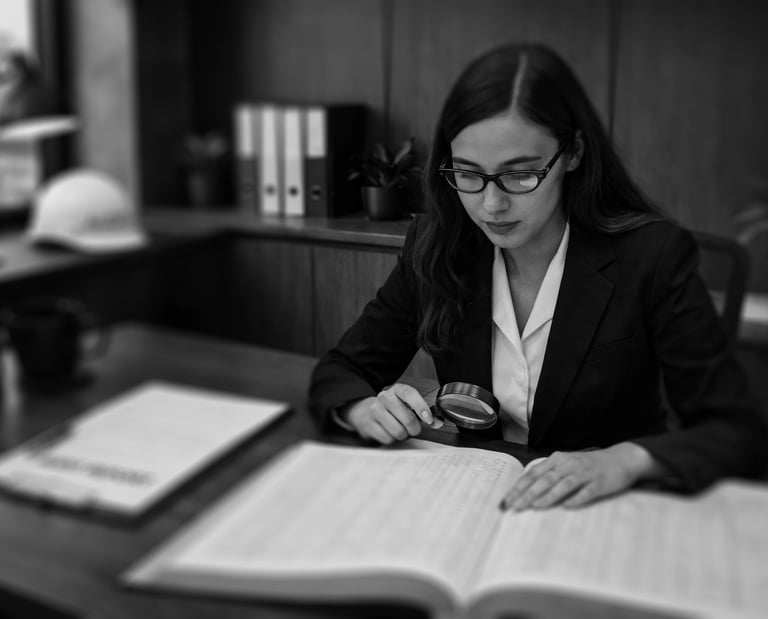 a woman sreaching with a magnifying glass through a oversized book on a desk
