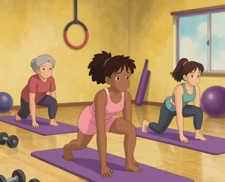 A group of diverse people practicing gentle stretching exercises in a bright, welcoming studio.