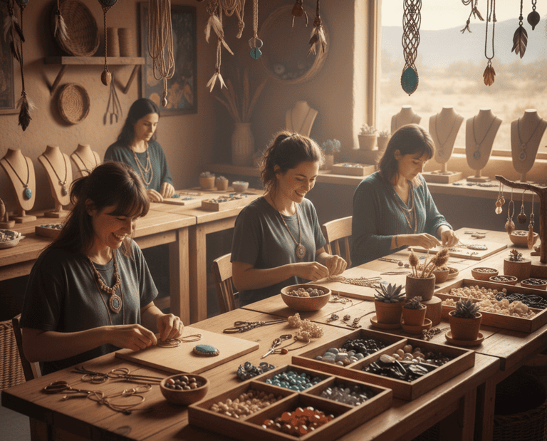 Cuatro mujeres en un taller de macramé.