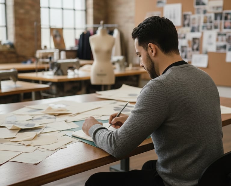 Male fashion designer sketching at a desk in a bright, professional studio.