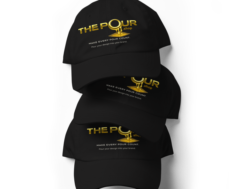 stacked the pour shop logo printed black caps