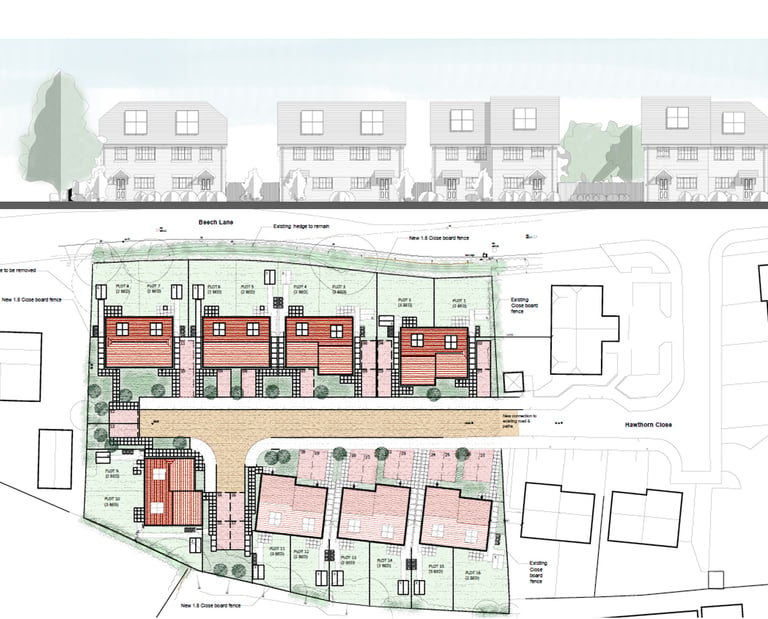 Site layout plan and elevation drawing for a new residential housing development.