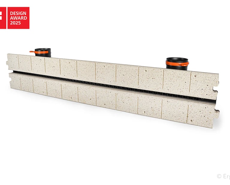 ERGOVENT LINEO PRO PUZZLE angled view showing gypsum body, black slot grille, puzzle lock edges and iF Design Award 2025