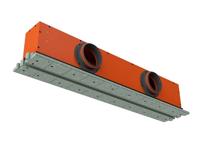 ERGOVENT LINEO PRO 125 angled view showing orange plenum body with two large round duct inlets and gray gypsum frame