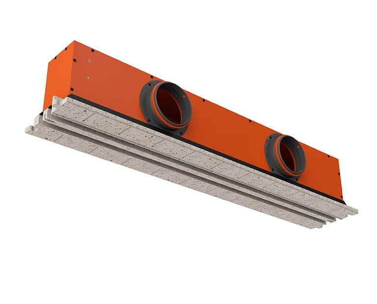 ERGOVENT LINEO PRO PUZZLE 125-2 perspective view showing orange plenum with two duct connectors and slotted gypsum face