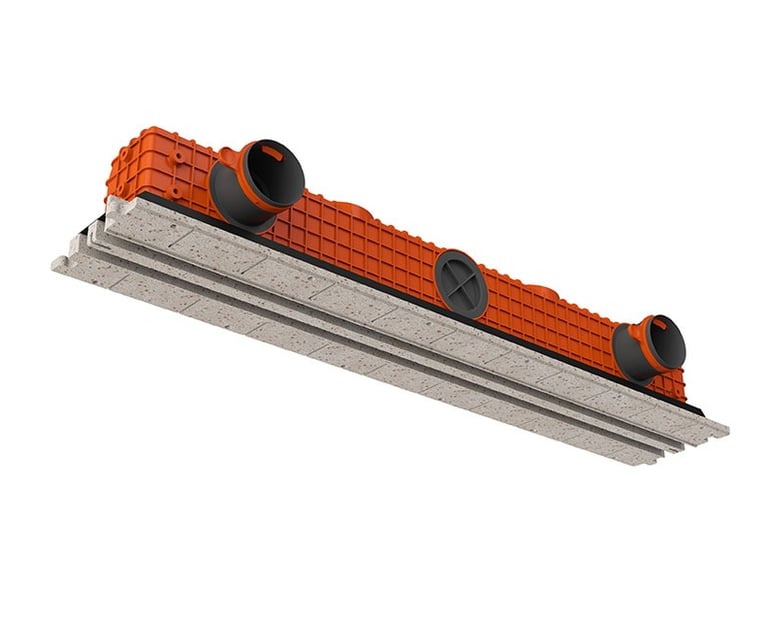 ERGOVENT LINEO PRO PUZZLE 2-slot 75-90mm angled view showing orange plenum body with round duct inlets and gray gypsum frame