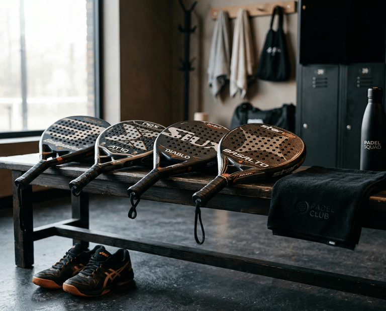 Test de raquettes de padel et équipements sur un banc de vestiaire. Avis, comparatif de matériel et 