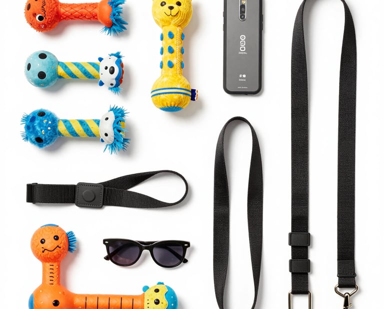 A variety of durable dog collars and leashes displayed on a rustic wooden table.