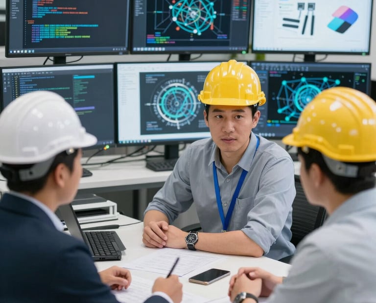 A vibrant orange-themed workspace showing developers coding in Visual Studio surrounded by IoT devices.