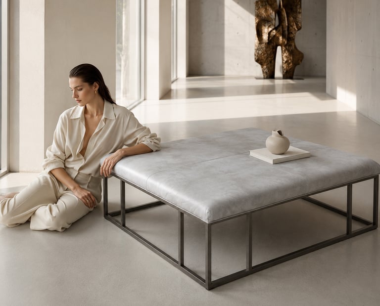 A woman leans against a modern gray leather ottoman in a minimalist luxury room.