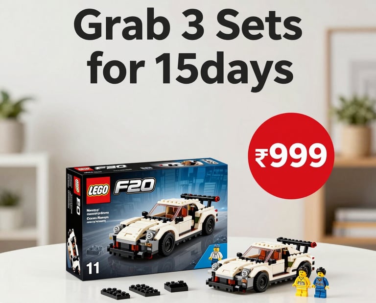 Blue LEGO race car toy display with promotional text for 3 sets at 999 rupees.