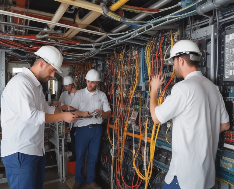 Technician installing structured cabling in an industrial setting with tools and cables.