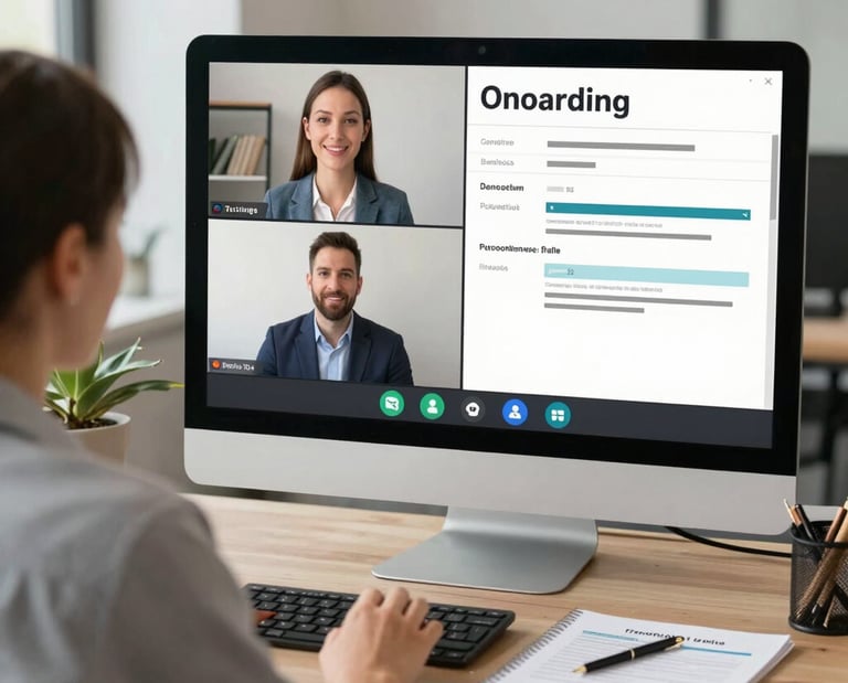 A team member conducting a video interview with a candidate in a modern office setting.