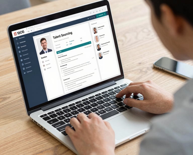 A recruiter reviewing resumes on a laptop with a focused expression.