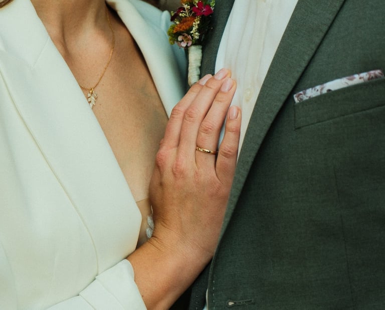 Hochzeit: Hochzeitsfotograf Rheine Hand aus Brust vom Bräutigam Ehering