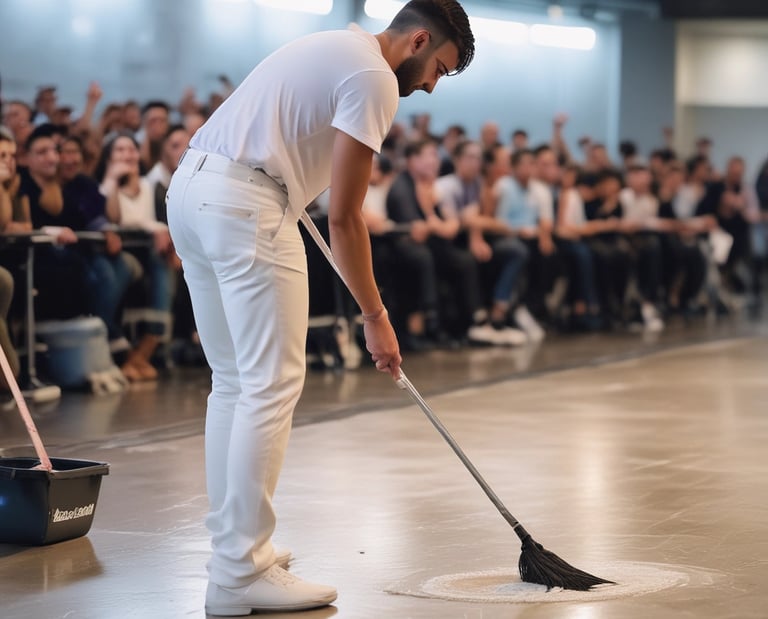 a group of people standing around a man in a yellow vest