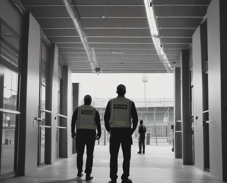 Staff setting up stage and arranging equipment at an event venue.