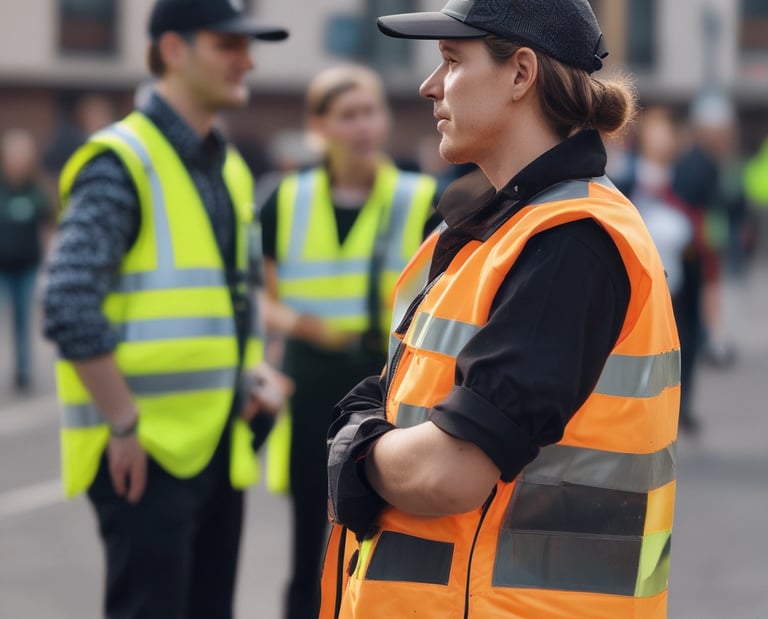 a group of people standing around a man in a yellow vest