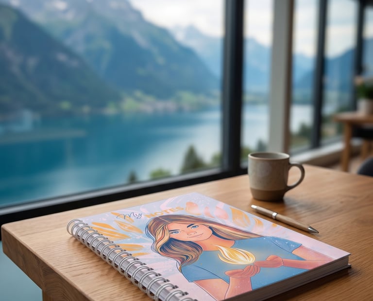 Illustrated spiral notebook on a wooden desk overlooking a scenic mountain lake view.