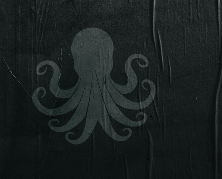 A gray octopus silhouette printed on a dark, wrinkled black paper texture background.