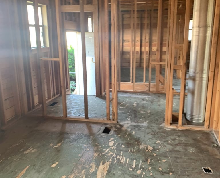 wall framing exposed, flooring removed