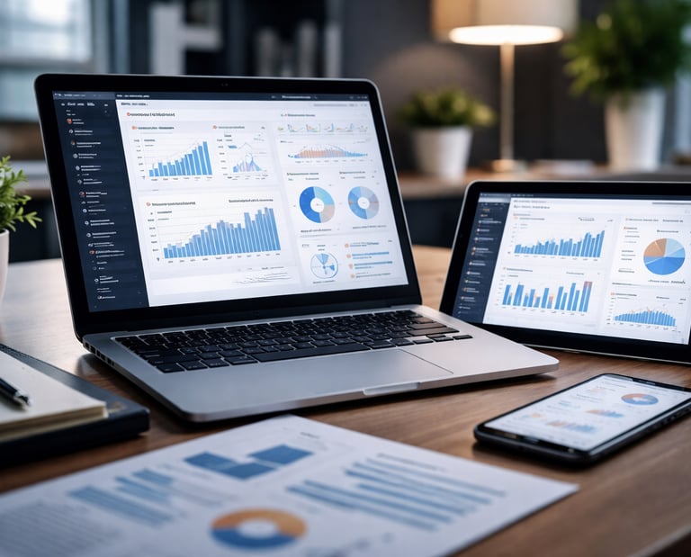 Laptop, tablet, and smartphone displaying business data analytics dashboards on a modern office desk.