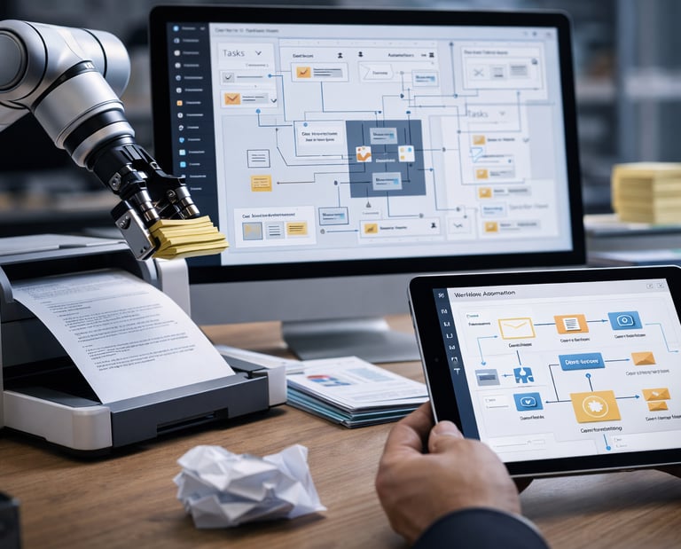 A robotic arm and digital tablet displaying automated business workflow software and process diagrams.