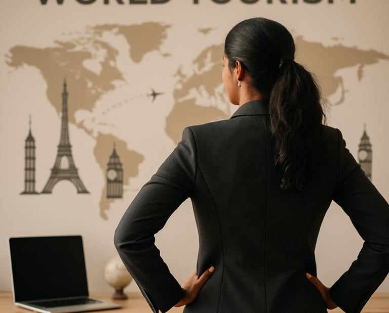 A travel agent in a suit looks at a world map wall mural with famous landmarks and a laptop.