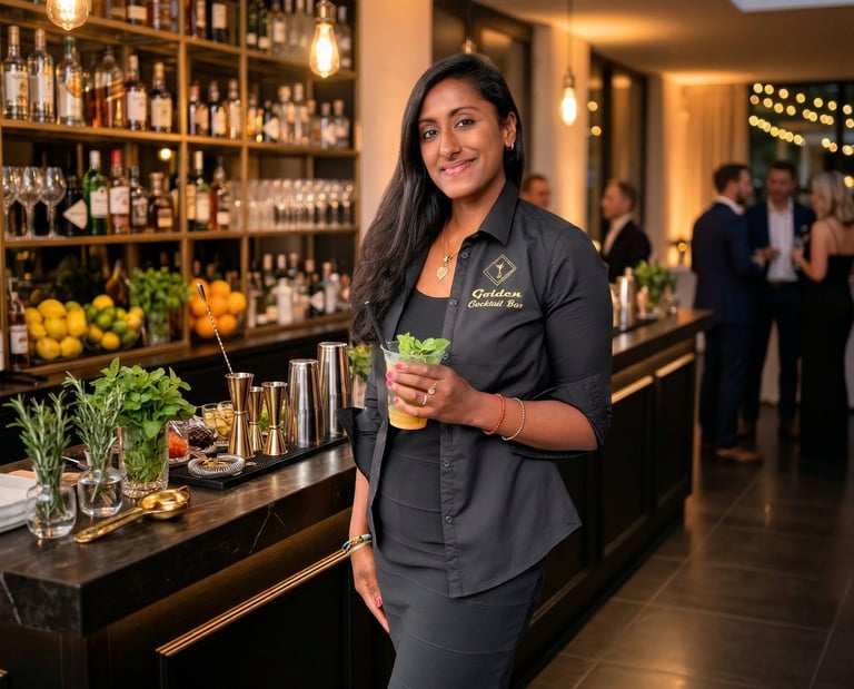 A professional female bartender holding a fresh mint cocktail at a luxury gold-accented cocktail bar.