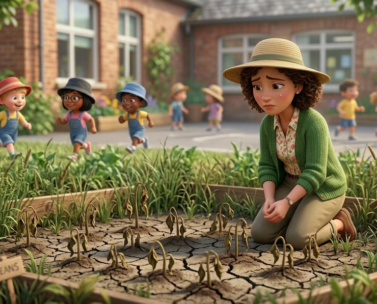 A worried teacher kneels by a dry school garden with wilted plants as children play nearby.