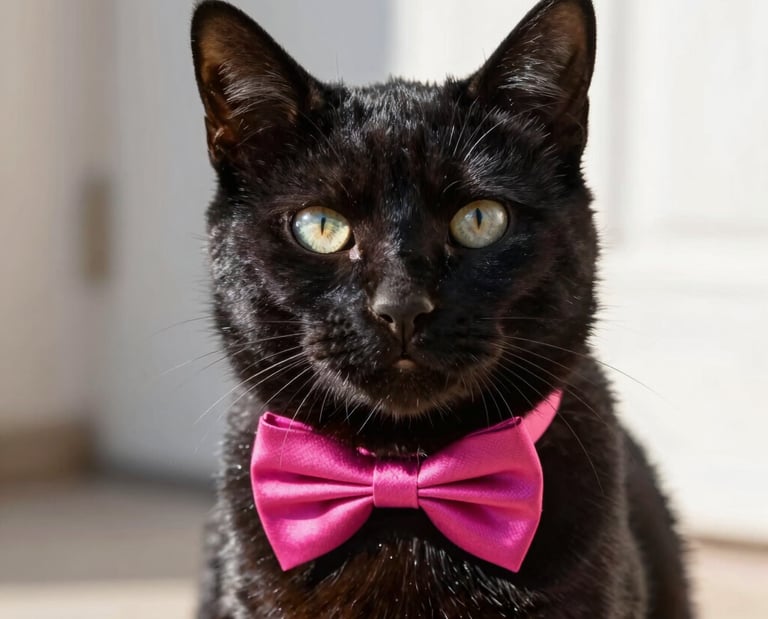 Un apuesto gato negro con una pajarita rosa brillante como accesorio, sentado dentro de la casa