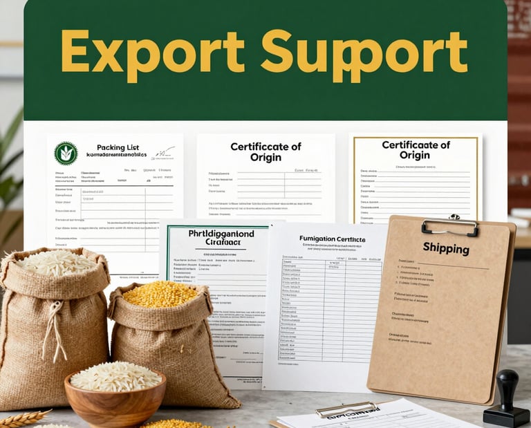 A professional layout featuring document-style icons in green and gold hues representing export certificates and reports.