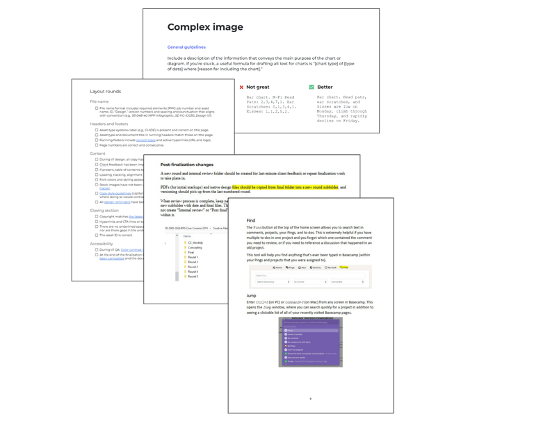 A collage of screenshots from a variety of text-heavy documents, some with checklists and graphics